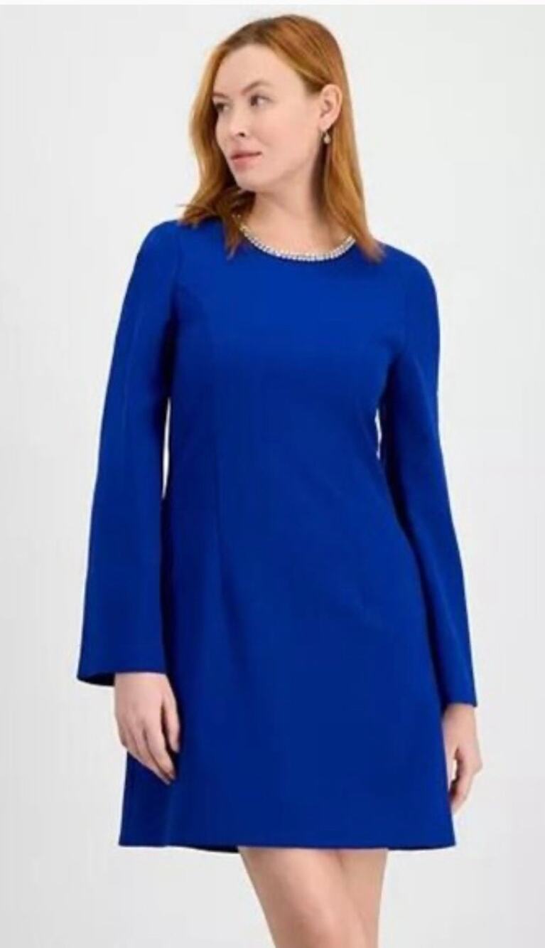 Tahari ASL Cobalt Blue Rhinestone Trim A-Line Dress 12 NWT